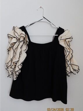 Black Top with Cream Ruffled Sleeves - Women's Fashion Top